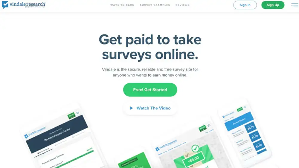 Vindale Research surveys site Hero  with a "Get Started" button, a link to watch a video, and an image of mobile screen captures showing earnings and received payments
